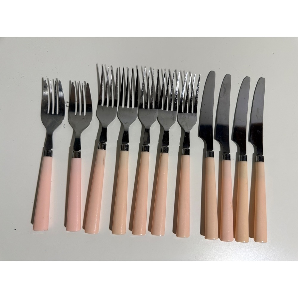 Vintage Pink 11pc Flatware Set Stainless Taiwan MCM Retro Forks Knives Pastel